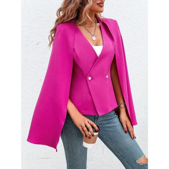 hot pink Solid Double Button Cape Blazer - Picture 4 of 4